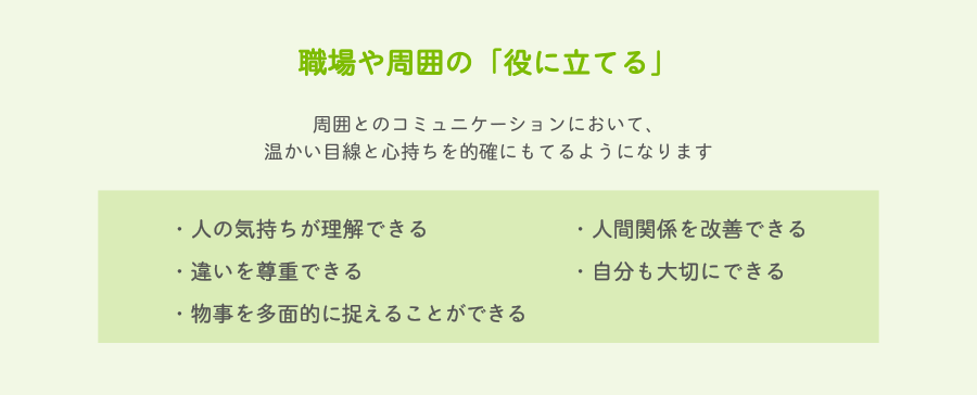 職場や周囲の「役に立てる」　周囲とのコミュニケーションにおいて、温かい目線と心持ちを的確にもてるようになります　・人の気持ちが理解できる・違いを尊重できる・物事を多面的に捉えることができる・人間関係を改善できる・自分も大切にできる